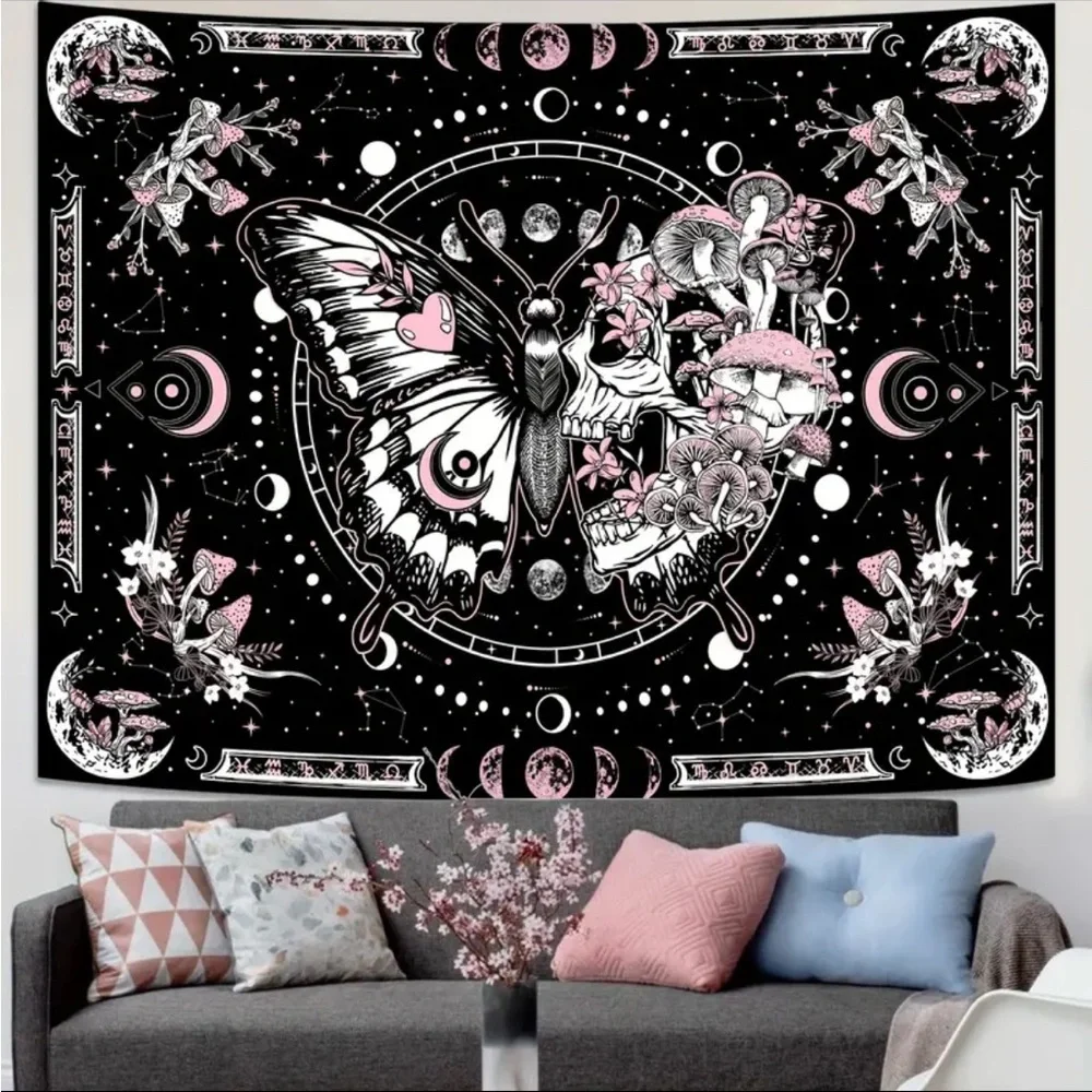 Black and Pink Skull Butterfly Tapestry